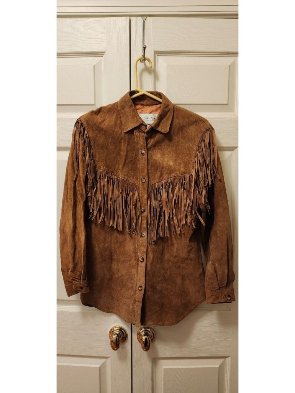 Vtg Women JH Collectables Brown Suede Fringe Button Up Shirt Jacket Size 6